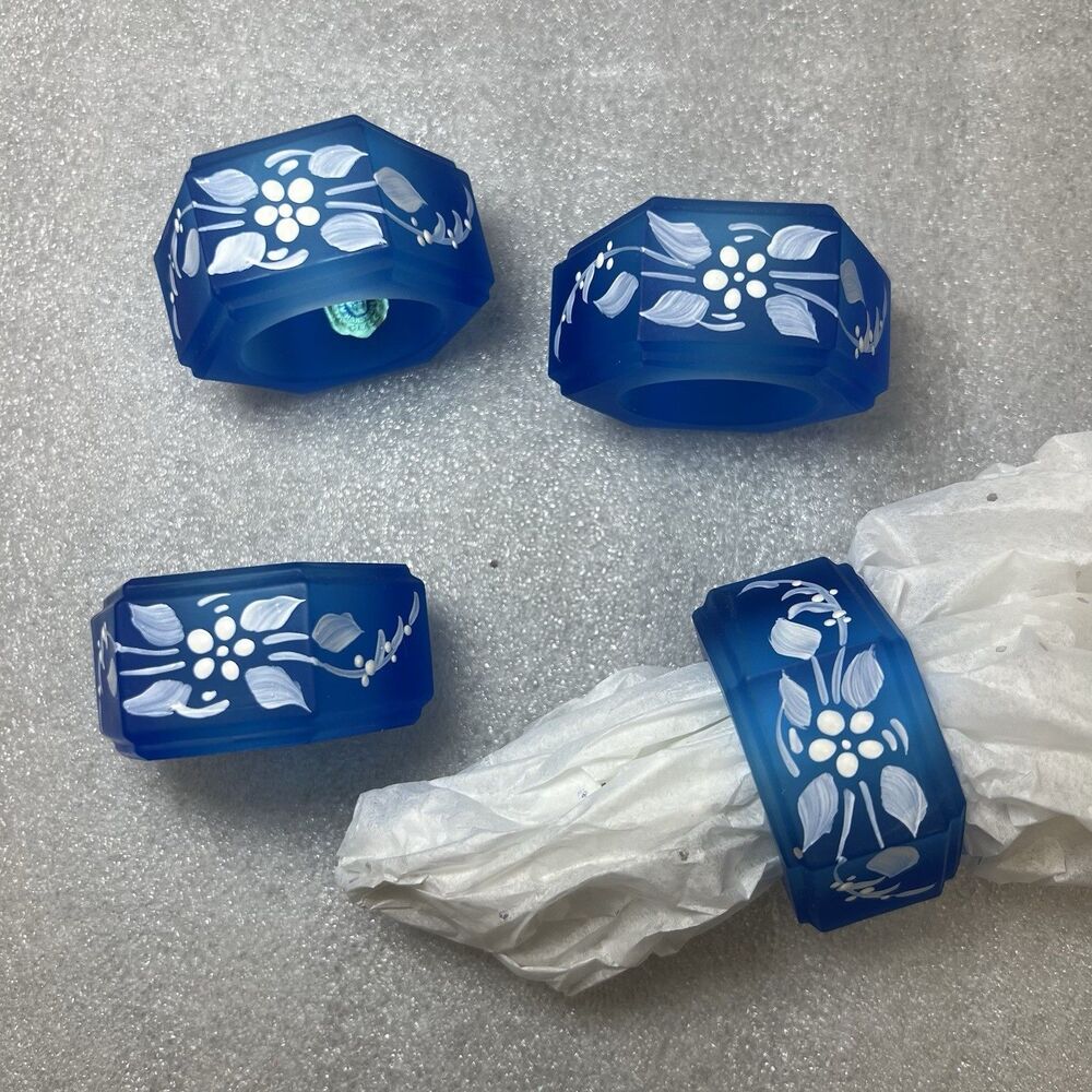 4 Vtg Westmoreland Blue Satin Glass Hexagon Napkin Rings Hand Painted Floral
